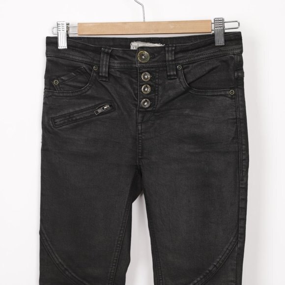 Free People Skinny Moto Raw Hem Button Fly Jeans with Slit Grommet size 24 - Picture 3 of 10